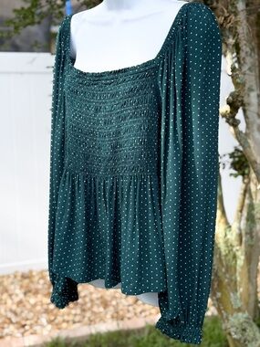 GAP Green Polka Dot Smocked Peasant Top Balloon Sleeve Cottagecore XL